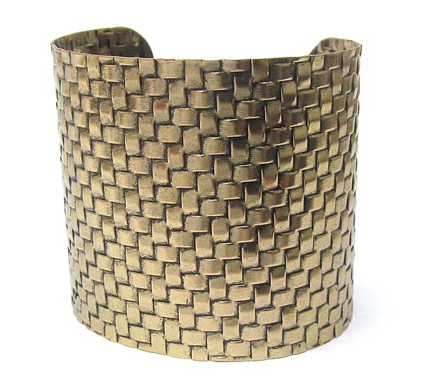 Woven textured wide metal cuff bracelet - wear resistant electro plating