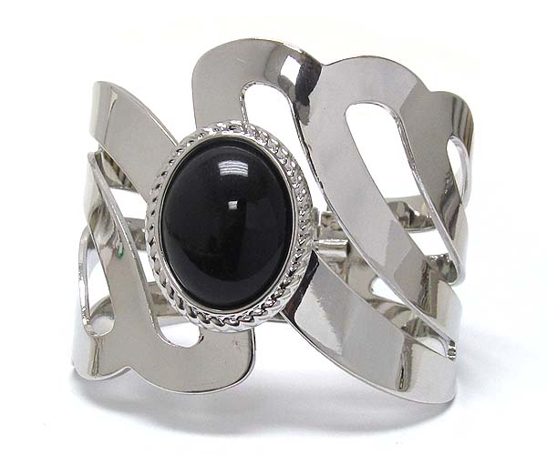 Architectural distorted metal with oval acrylic stone  hinge bangle bracelet - wear resistant electro plating