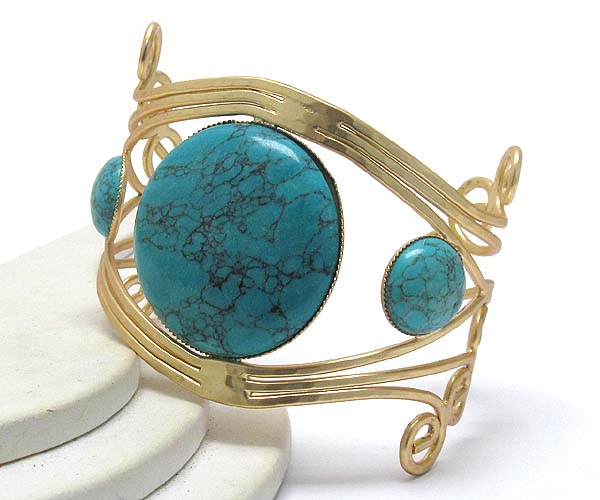 Natural stone and metal filigree round deco metal hinge bangle bracelet - wear resistant electro plating