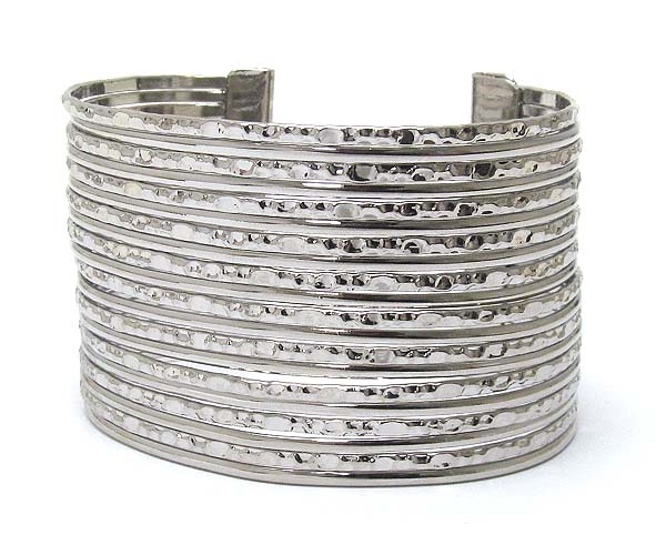 Architectural multi row hammered metal wired cuff bangle bracelet - wear resistant electro plating