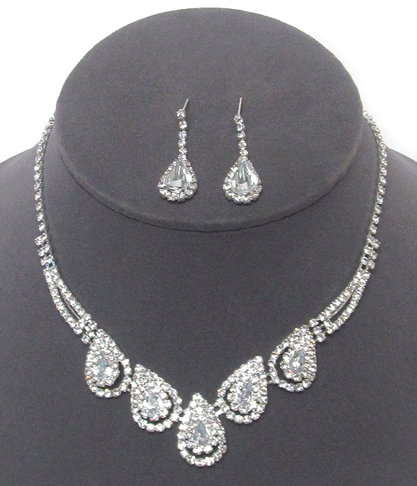 Facet teardrop glass and rhinestone necklace set