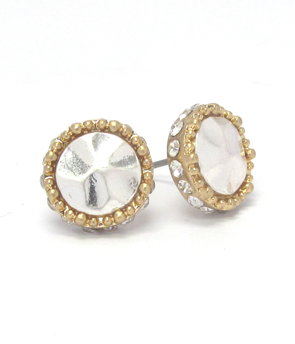 Hammered metal disk and crystal side stud earring