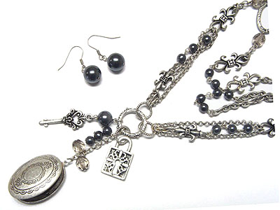 Lock and key and locket charm pearl beads necklace and earring set