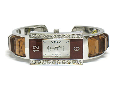 Crystal face and epoxy stone metal band watch