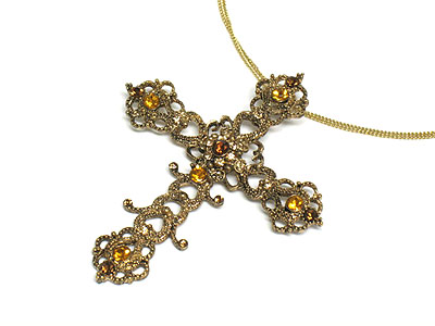 Crystal filigree cross and double chain necklace