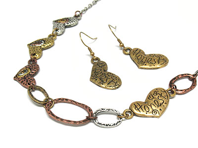 Multi metal loop and heart link message necklace set - honesty