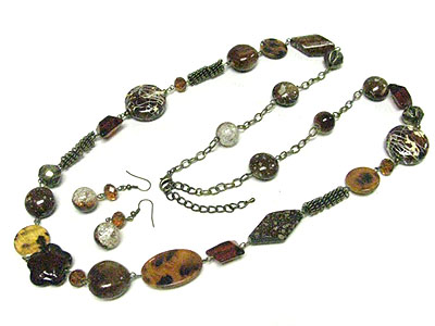 Natural stone and disk link long necklace set