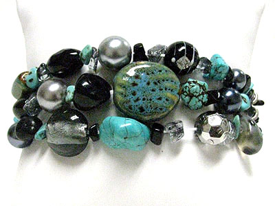 Triple row ceramic stone and multi beads stretch bracelet