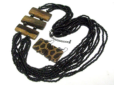 Wood stick accent multi strand seed beads long necklace set