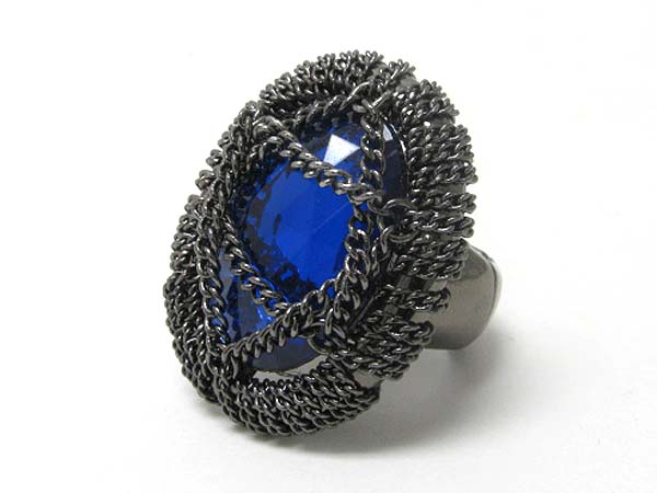 Metal chain wrapped large stone stretch ring