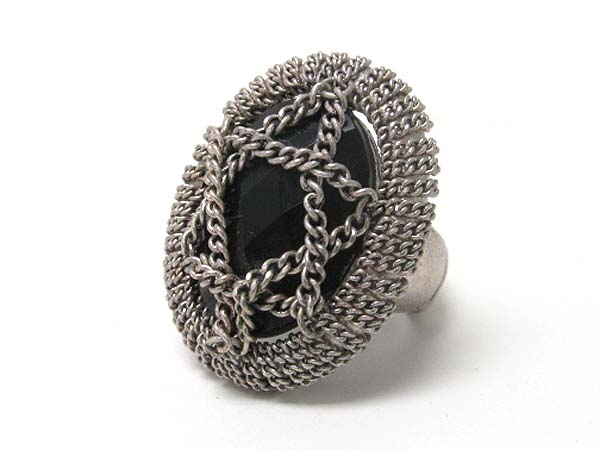 Metal chain wrapped large stone stretch ring