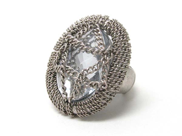 Metal chain wrapped large stone stretch ring