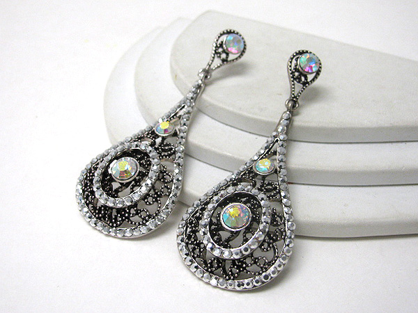 Crystal and metal filigree tear drop earring