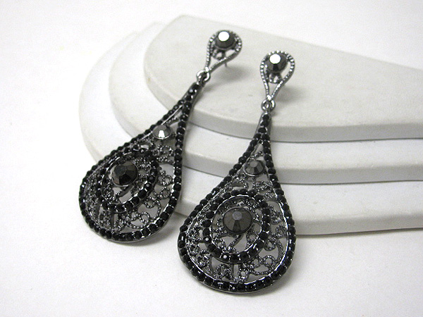 Crystal and metal filigree tear drop earring