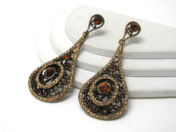 Crystal and metal filigree tear drop earring