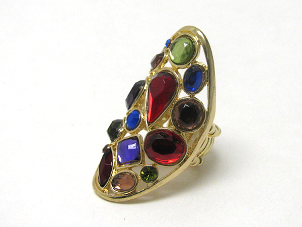 Glass stone and metal long finger ring