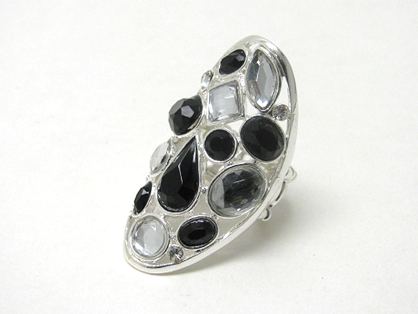 Glass stone and metal long finger ring