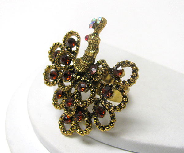 Crystal deco peacock adjustable ring