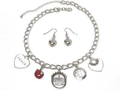 Crystal deco epoxy cover and message charms necklace and earring set 