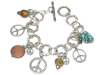 Multi peace charms and turquoise stone toggle bracelet