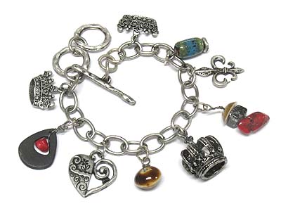 Multi shape casting metal charms toggle bracelet 