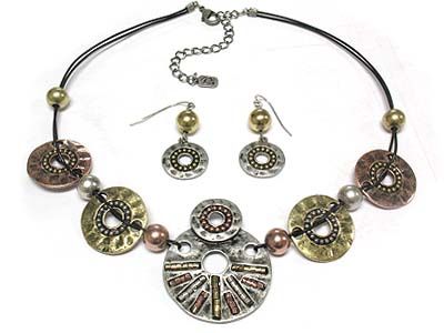 Antique style casting round disk necklace and earring set 