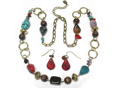 Multi marble and wood and natural stone necklace and earring set