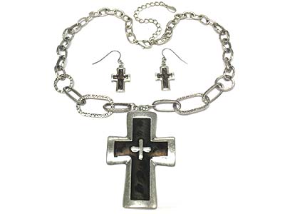 Large metal cross pendant big chain necklace and earring set 