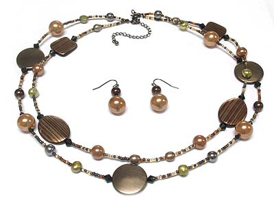 Multi ceramic disk and acryl bead double strand necklace and earring set 