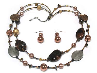 Multi ceramic disk and acryl bead and glass stone double strand necklace and earring set 