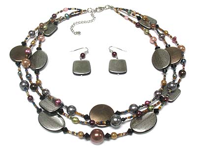 Multi ceramic disk and acryl bead double strand seed bead necklace and earring set 