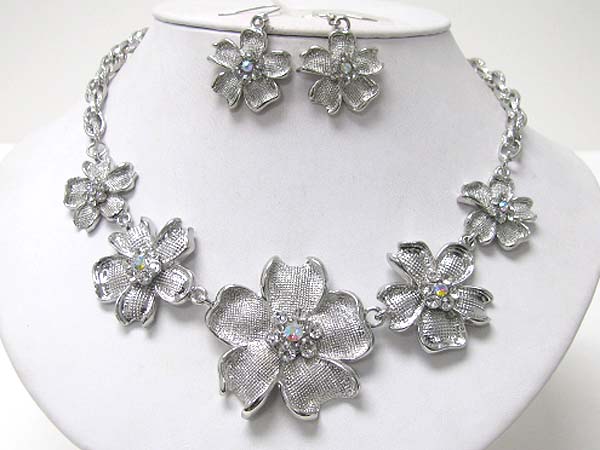 Crystal stud metal flower link necklace earring set