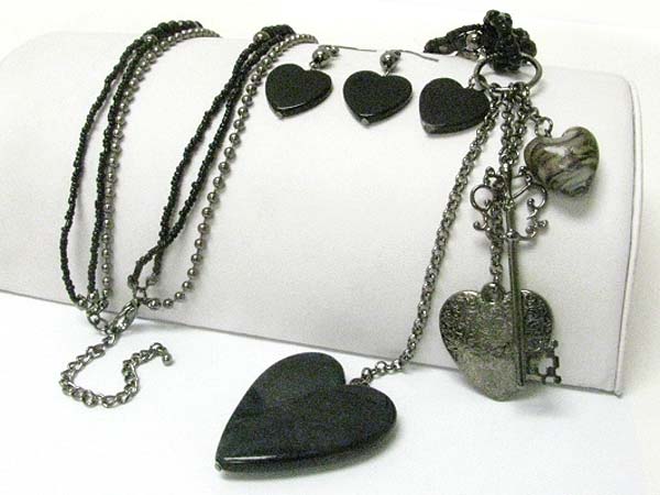 Multi heart charm dangle seed beads long chain necklace earring set