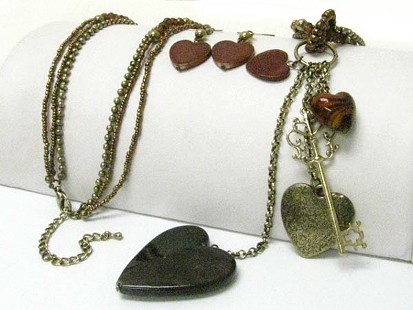 Multi heart charm dangle seed beads long chain necklace earring set