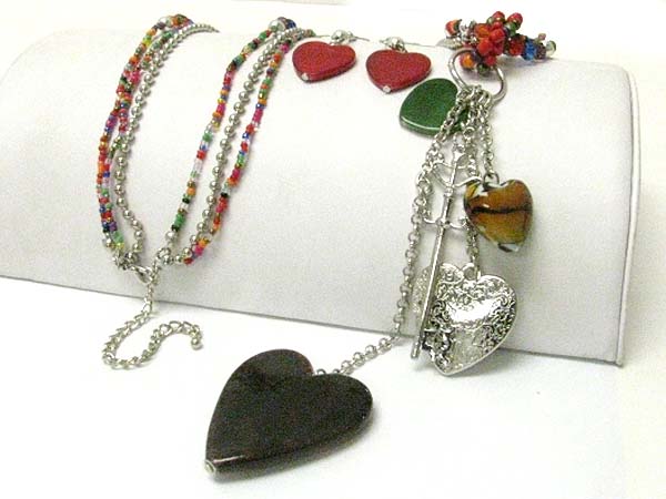 Multi heart charm dangle seed beads long chain necklace earring set