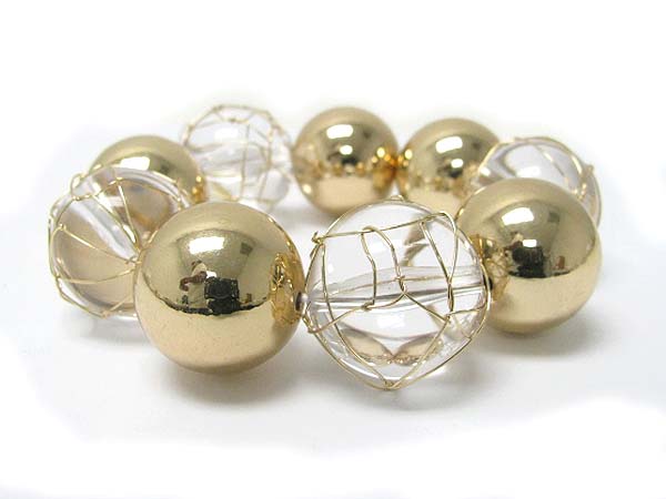 Metal and wired glass ball link stretch bracelet