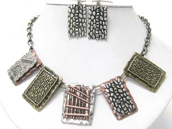 Multi textured metal disk dangle necklace earring set