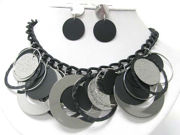 Multi metal and acryl thin disk dangle necklace earring set