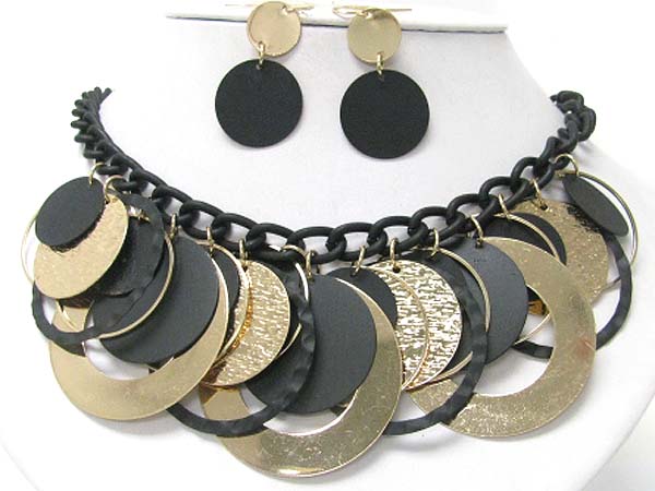 Multi metal and acryl thin disk dangle necklace earring set