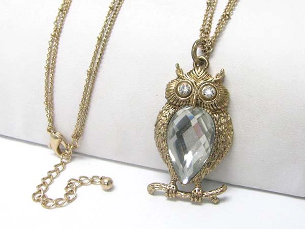 Crystal and glass owl pendant long chain necklace