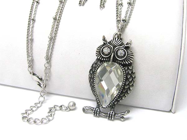 Crystal and glass owl pendant long chain necklace