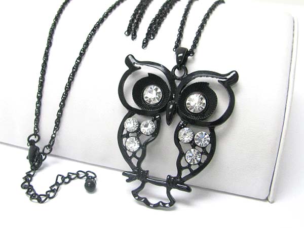 Crystal stud owl pendant long chain necklace