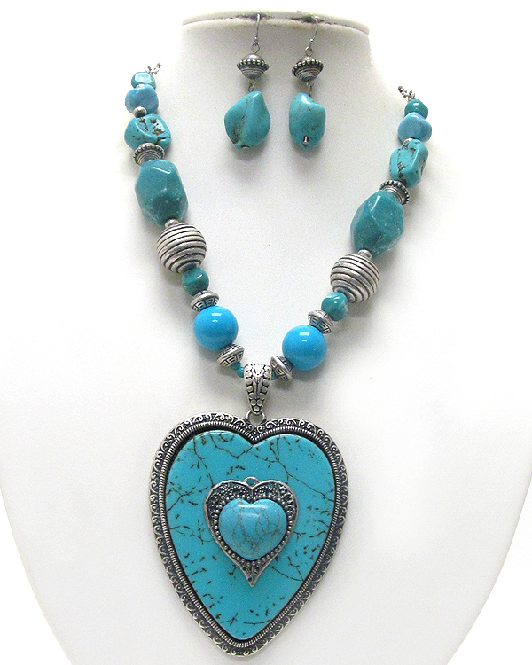 Turquoise stone heart pendant necklace earring set