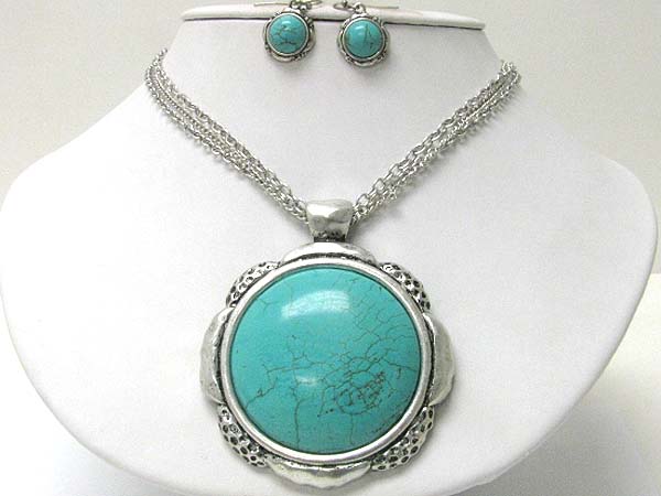 Large round turquoise stone pendant necklace earring set