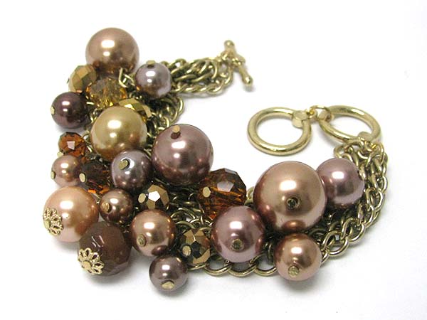 Pearl and facet glass stone dangle multi chain bracelet