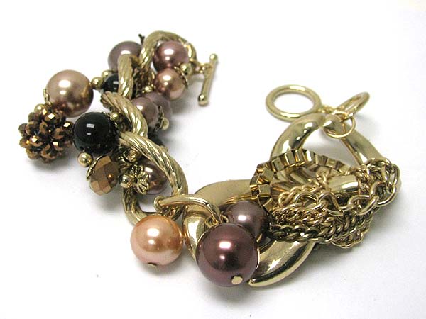 Pearl beads dangle box  and mixed tangled chain link bracelet