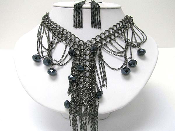 Facet glass beads and chain hanging y drop necklace earring set