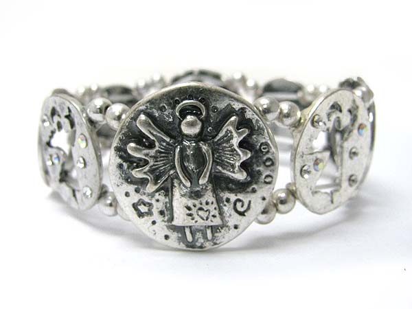 Crystal stud angel theme burnish metal disk link stretch bracelet