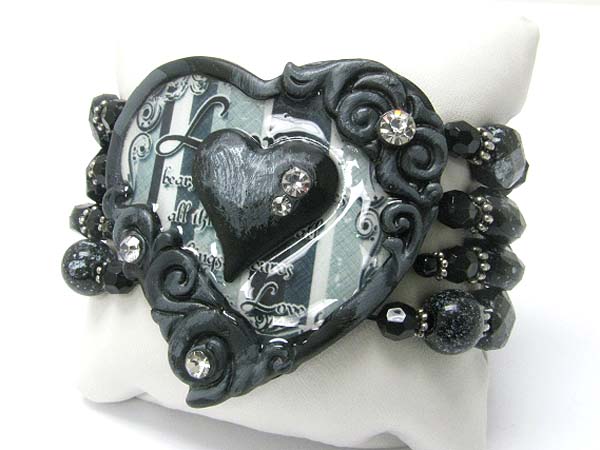 Crystal stud love theme patina heart and beads stretch bracelet