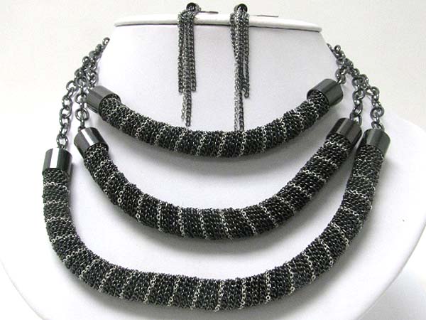 Triple layer metal mesh tube chain link necklace earring set